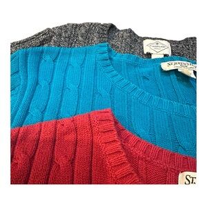 Three Item Bundle St. John's Bay Red Blue and Gray Cable Knit Crewneck Sweater